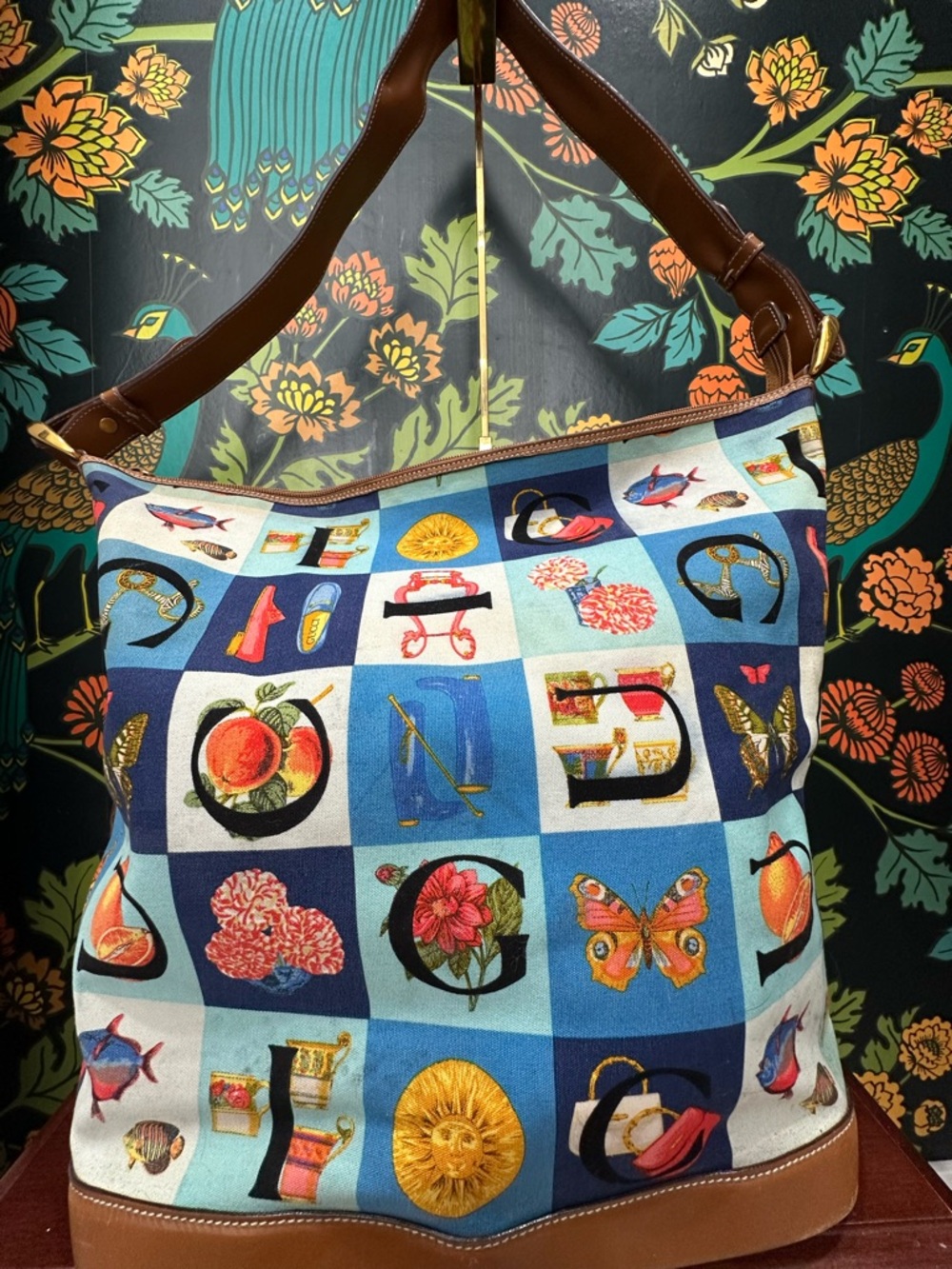 Vintage Gucci Alphabet Print Canvas Shoulder Bag Bamboo Charm Y2K Italy - Picture 4 of 12